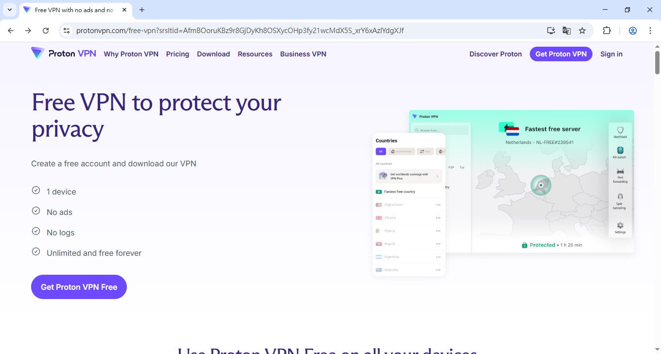 Proton VPN 免費版註冊頁面