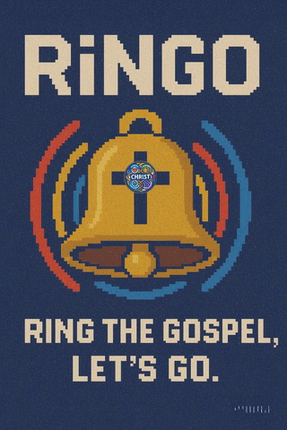 Pixel art poster with a ringing bell that says Ringo, Ring the Gospel, Let's Go.